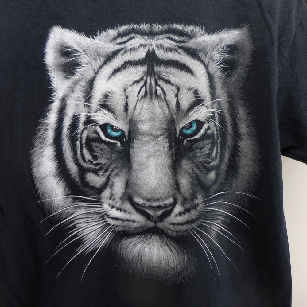 DOM White Tiger Head Graphic T-Shirt Mens Large Black Cotton Crew Neck Tee